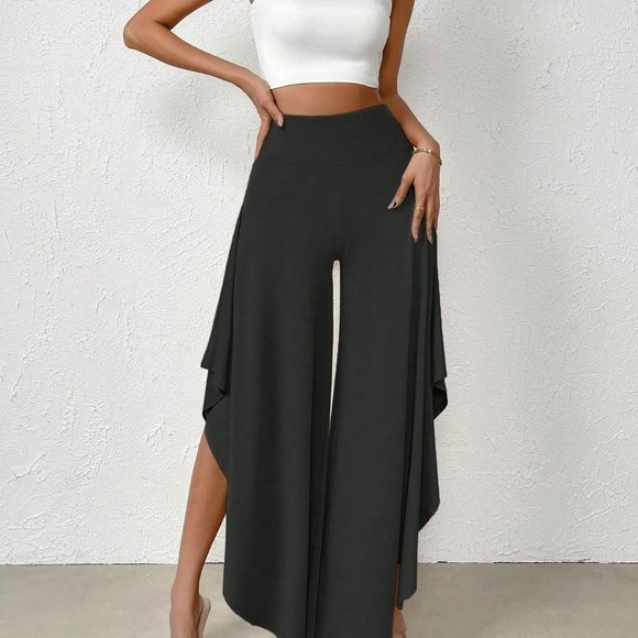 Black Preppy Womens High Waist Asymmetrical Hem Wide Leg Pants - Picture 5 of 5